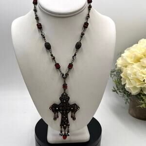 Ben Amun Signed Large Christian Ornate Cross Red‎ Gray Rhinestone Necklace